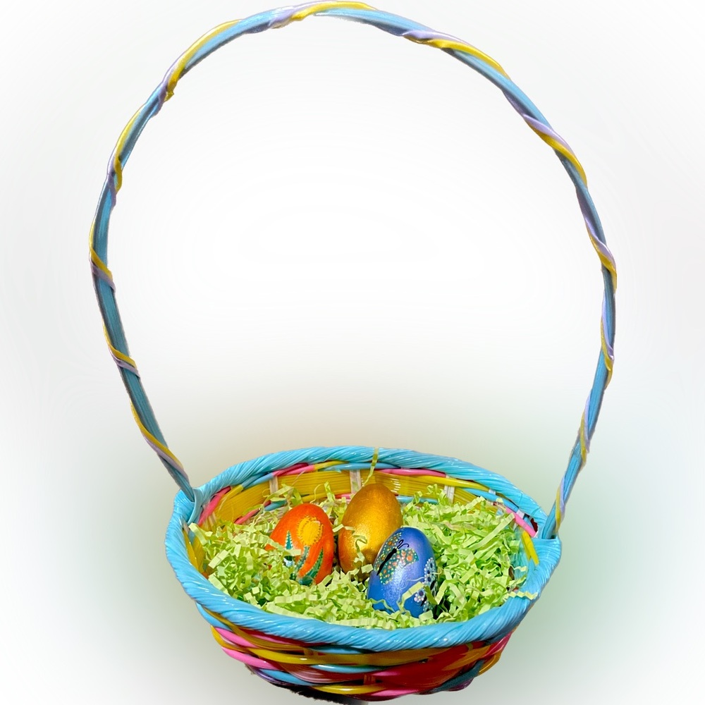 Hand crafted painted 3 rock Easter eggs plastic woven basket floral butterfly